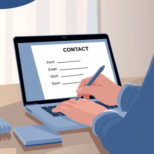 Illustration d'une personne remplissant un formulaire de contact sur un ordinateur portable, symbolisant la communication.