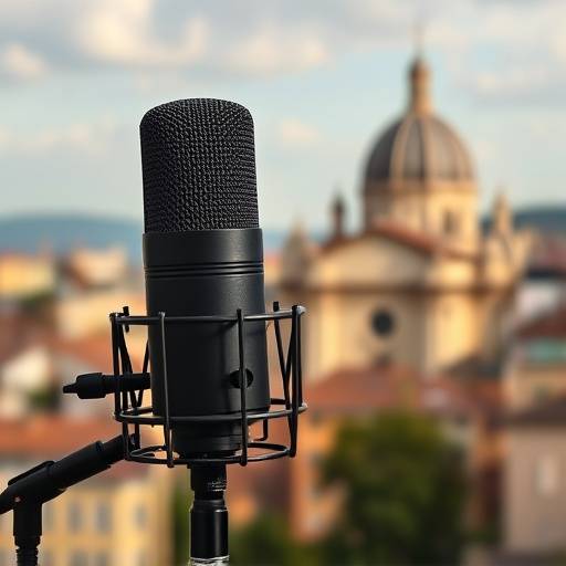Image d'un microphone devant le Vieux Lyon pour le podcast 'Lyon √† l'Oreille'. Une vue des toits et de la basilique de Fourvi√®re est visible en arri√®re-plan.